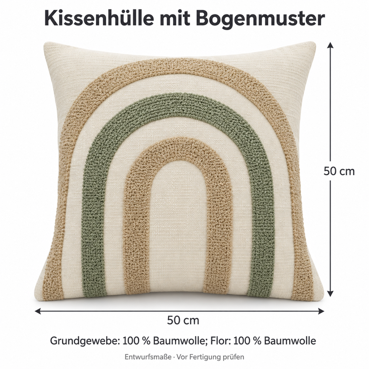 Getuftete Kissenhülle mit Bogenmuster, Baumwolle, 50 × 50 cm