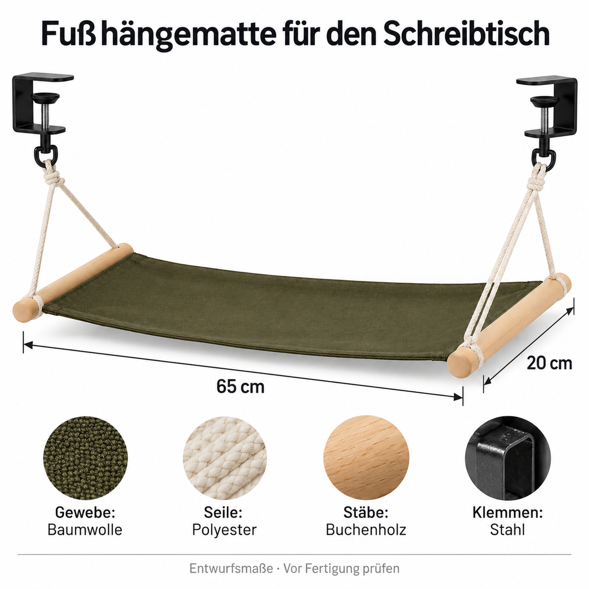 Fußhängematte für den Schreibtisch mit Tischklemmen, 65 × 20 cm