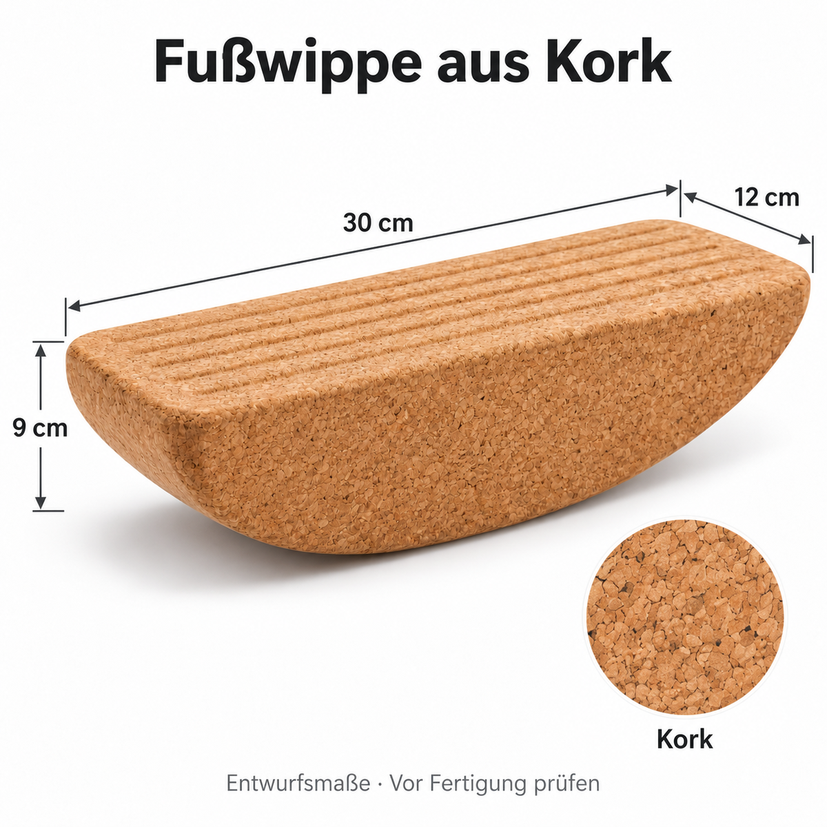 Kompakte Fußwippe aus Kork mit gerillter Oberseite, 30 cm