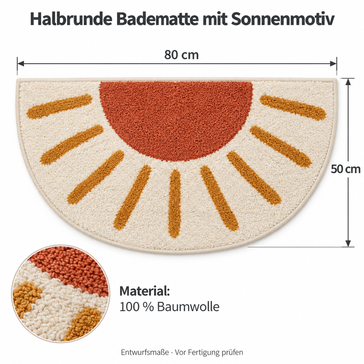 Halbrunde Baumwoll-Badematte mit Sonnenmotiv, 80 × 50 cm