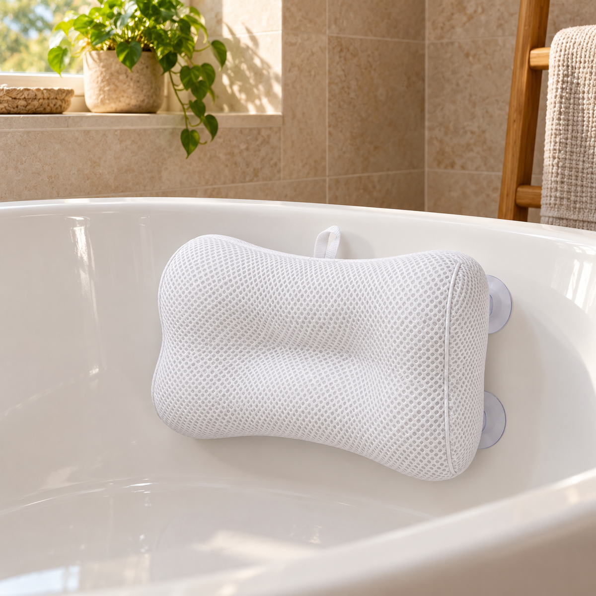 Badewannenkissen aus Polyester-Mesh mit Saugnäpfen, 30 × 20 cm
