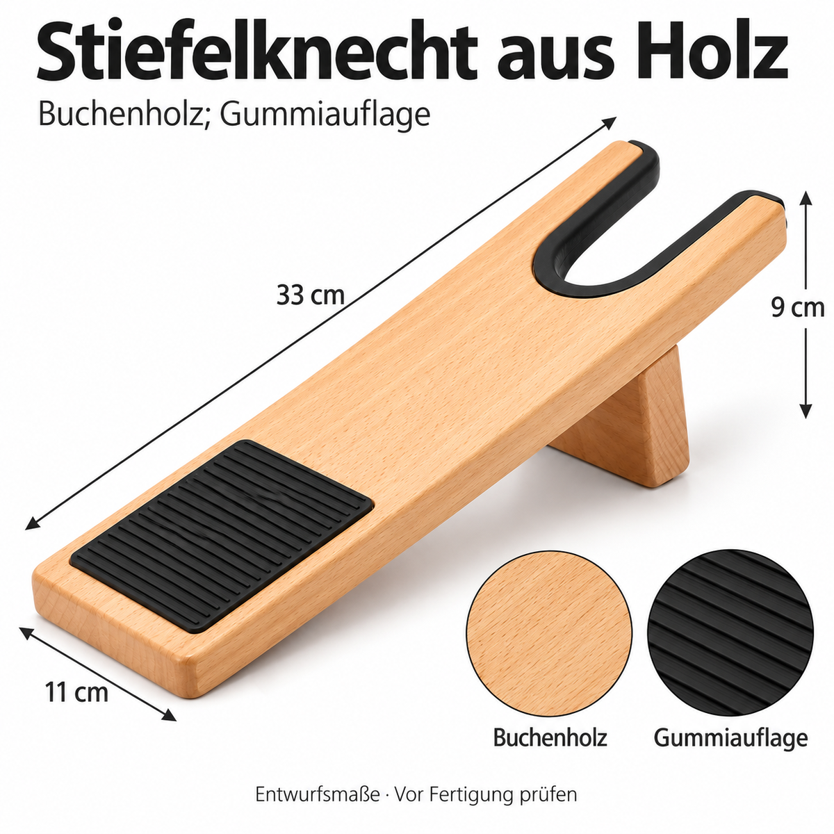 Stiefelknecht aus Buchenholz mit Gummiauflage, 33 cm