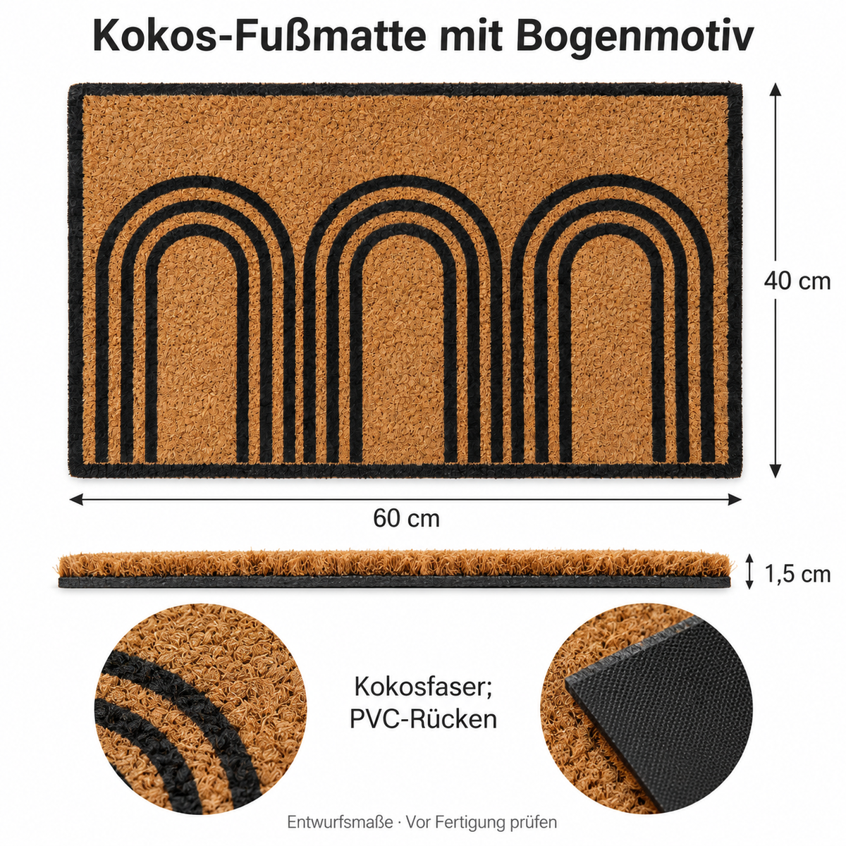 Kokos-Fußmatte mit schwarzem Bogenmotiv, 60 × 40 cm