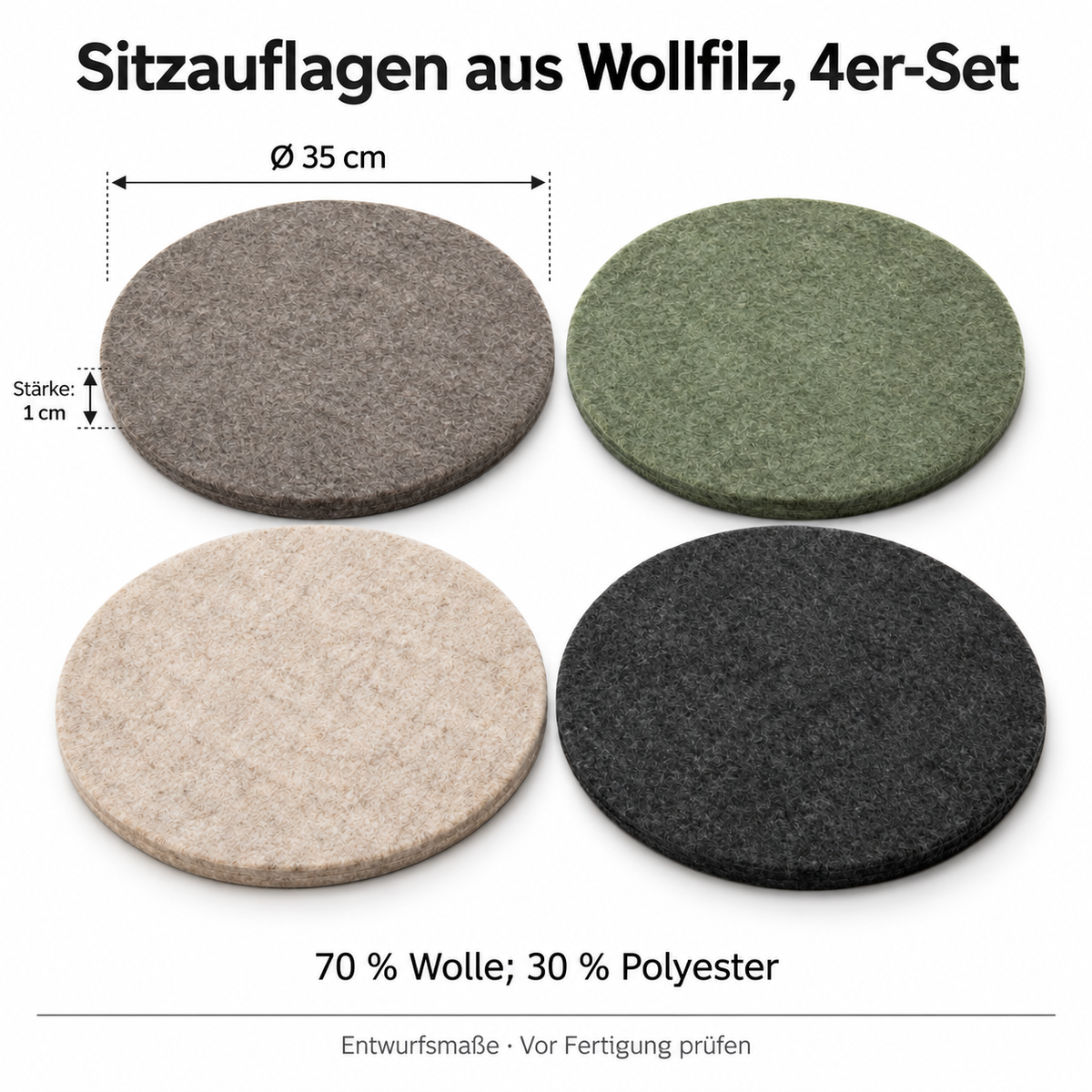 Runde Sitzauflagen aus Wollfilz-Mischung, vier Farben, 4er-Set