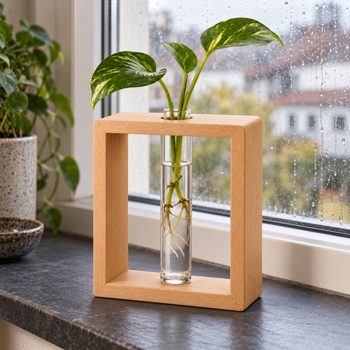 Pflanzenstation aus Buchenholz mit Glasvase, 20 cm hoch