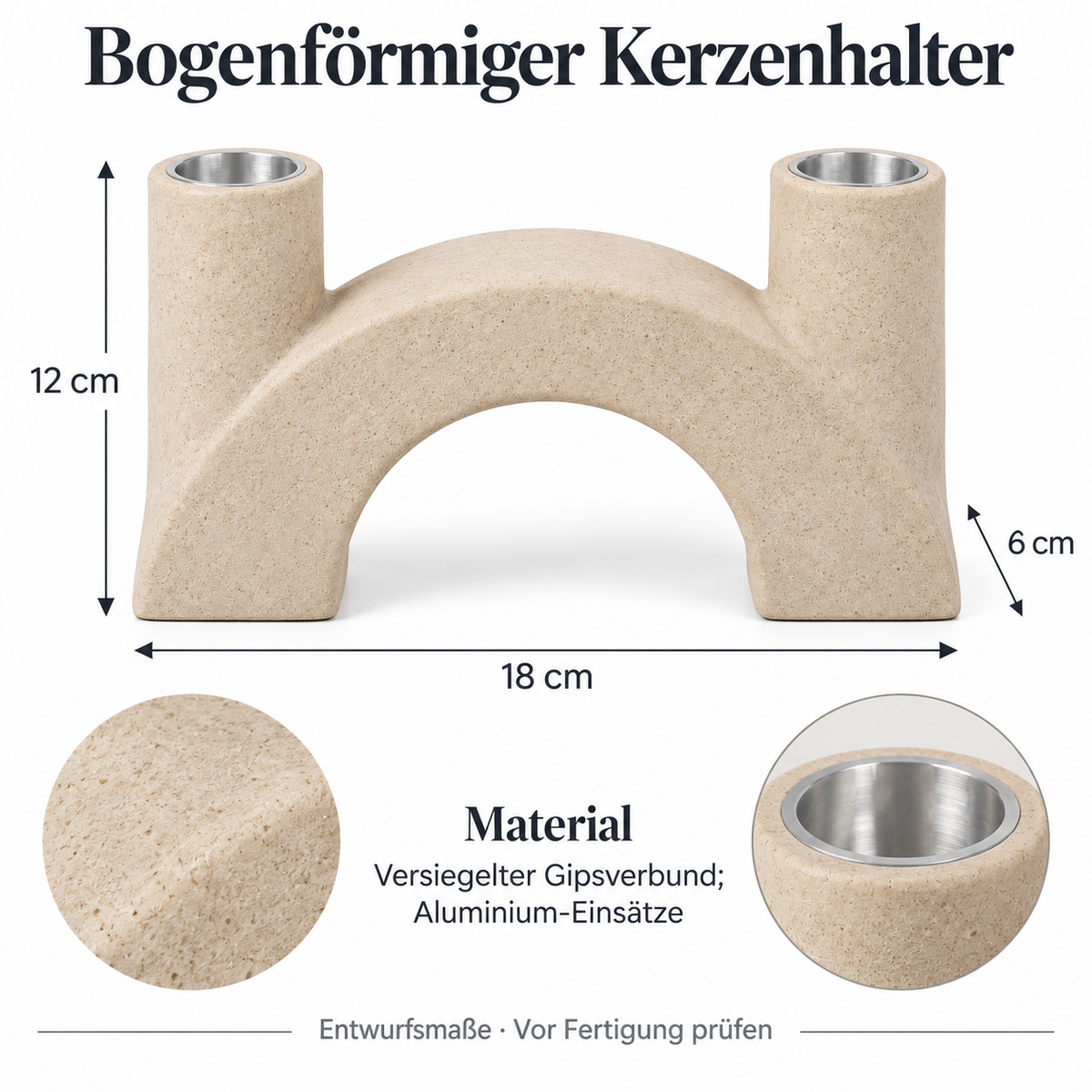 Bogenförmiger Kerzenhalter mit zwei Metalleinsätzen, sandbeige
