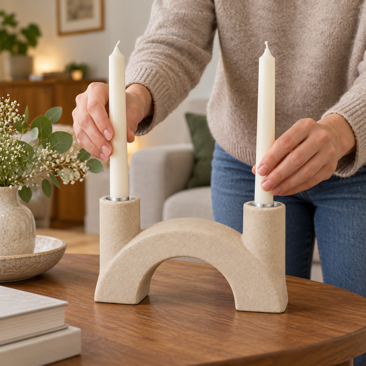Bogenförmiger Kerzenhalter mit zwei Metalleinsätzen, sandbeige
