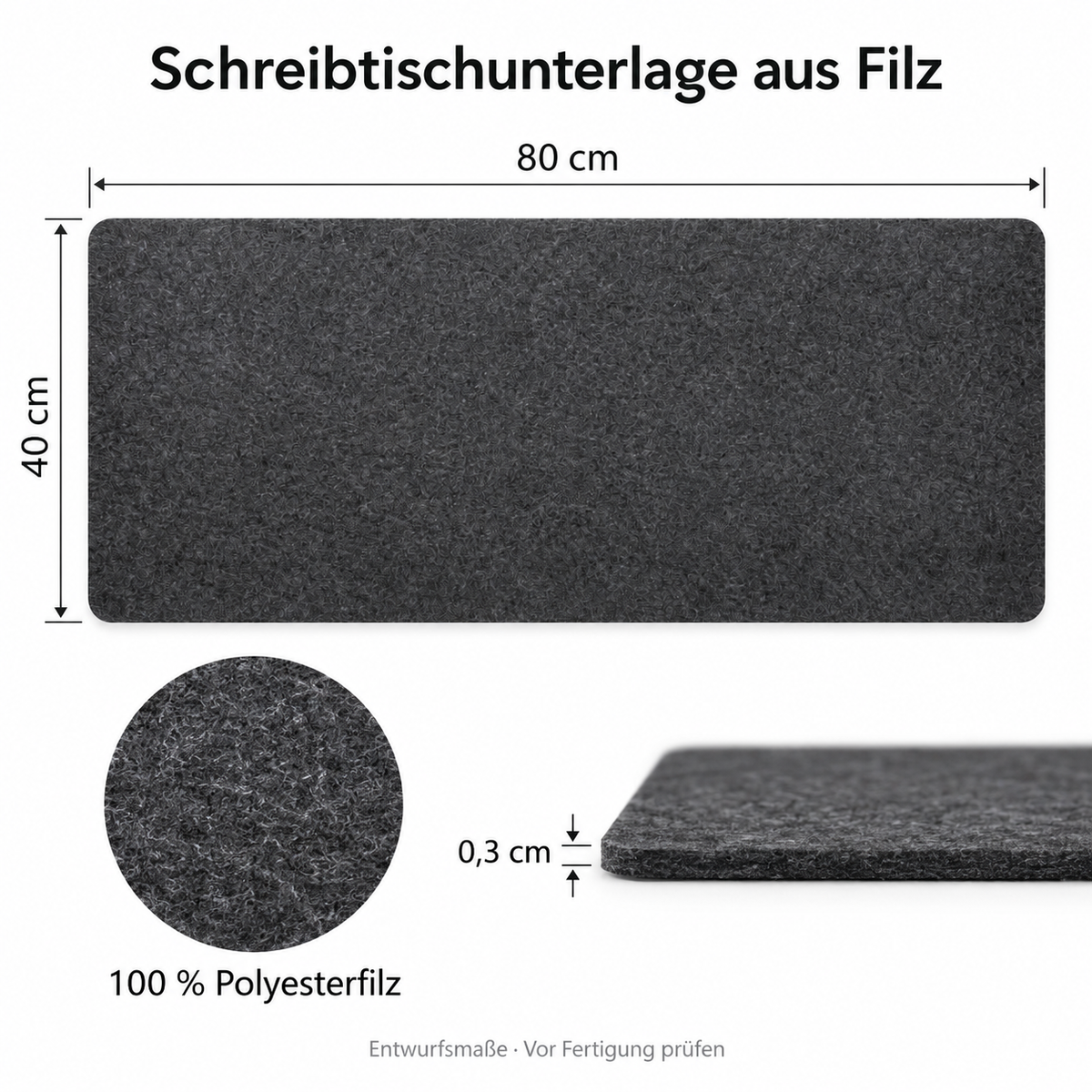 Schreibtischunterlage aus Polyesterfilz, anthrazit, 80 × 40 cm