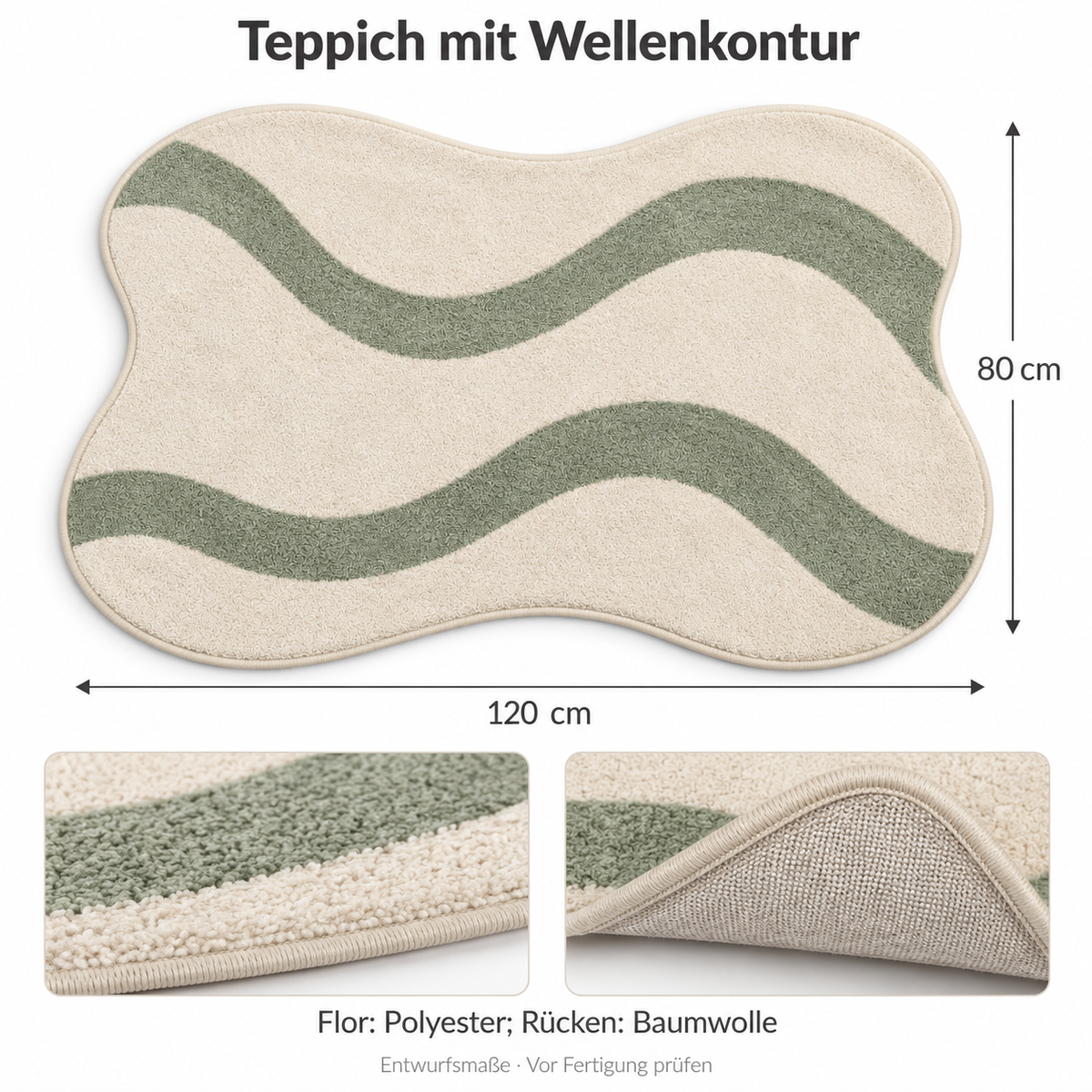 Teppich mit Wellenkontur und salbeigrünen Linien, 120 × 80 cm