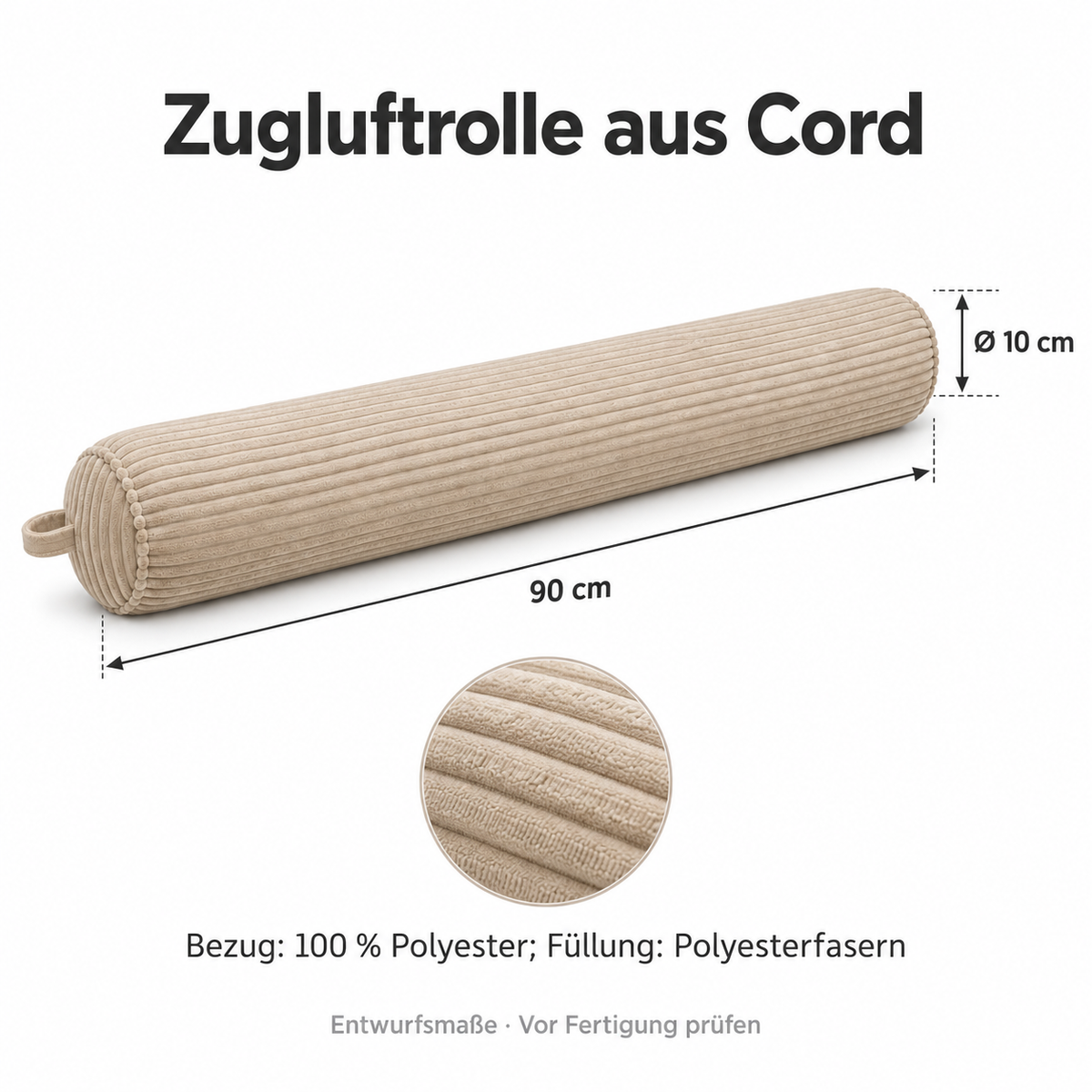 Zugluftrolle aus Cord, 90 cm, haferbeige