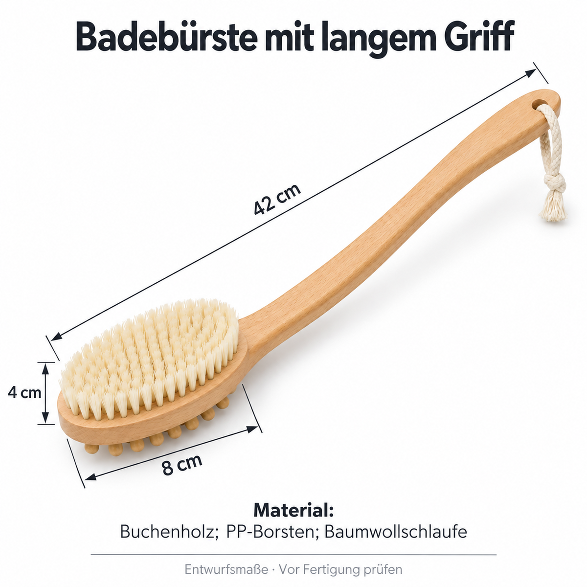 Doppelseitige Badebürste mit Buchenholzgriff, 42 cm