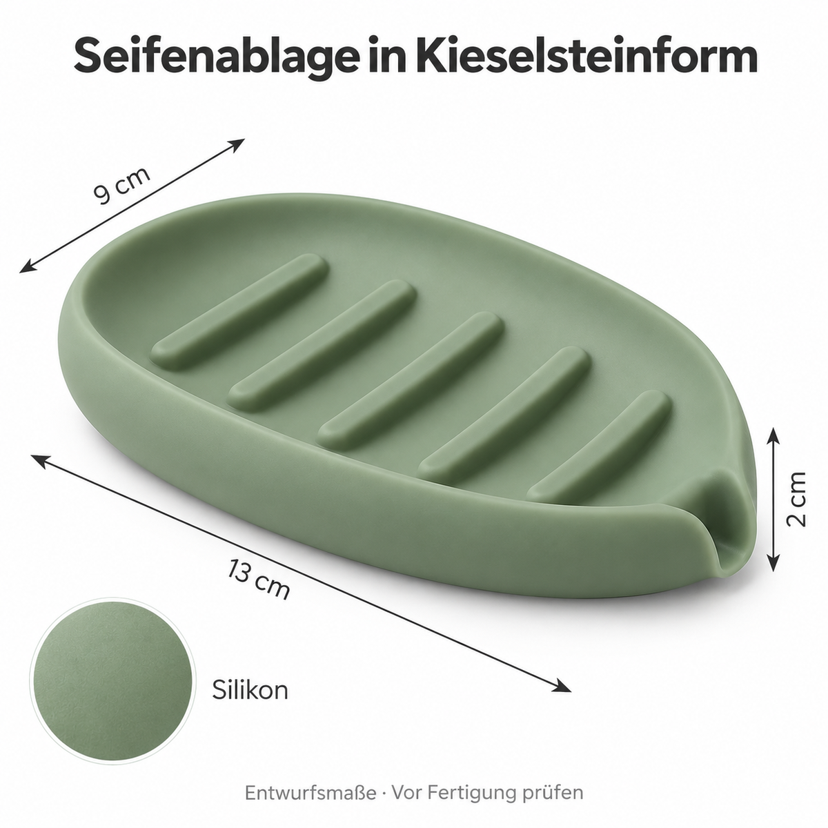 Silikon-Seifenablage in Kieselsteinform mit Ablauf, salbeigrün