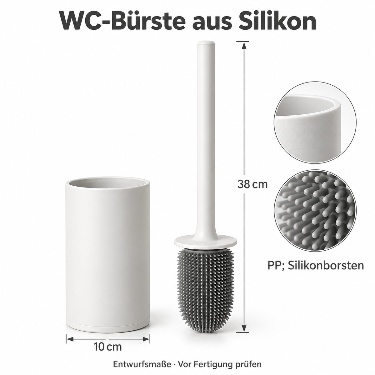 Silikon-WC-Bürste mit freistehendem Halter, weiß und grau