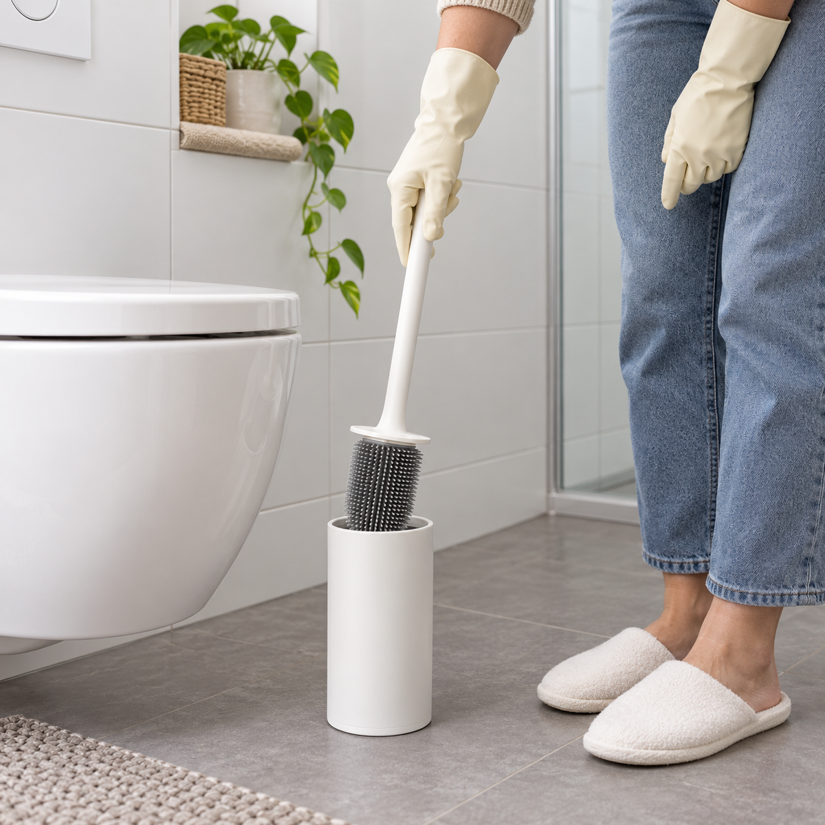Silikon-WC-Bürste mit freistehendem Halter, weiß und grau