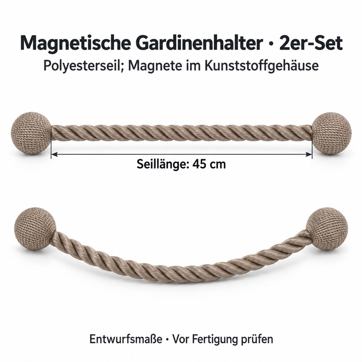 Magnetische Gardinenhalter aus gedrehter Kordel, taupe, 2er-Set