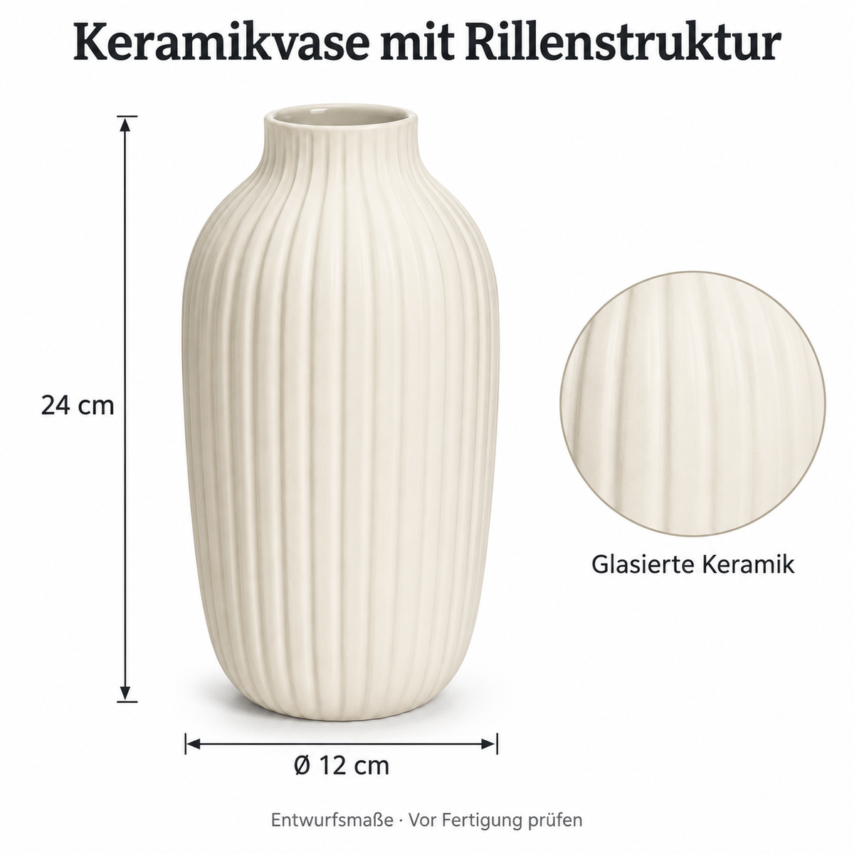 Gerillte Keramikvase in Warmweiß, 24 cm hoch