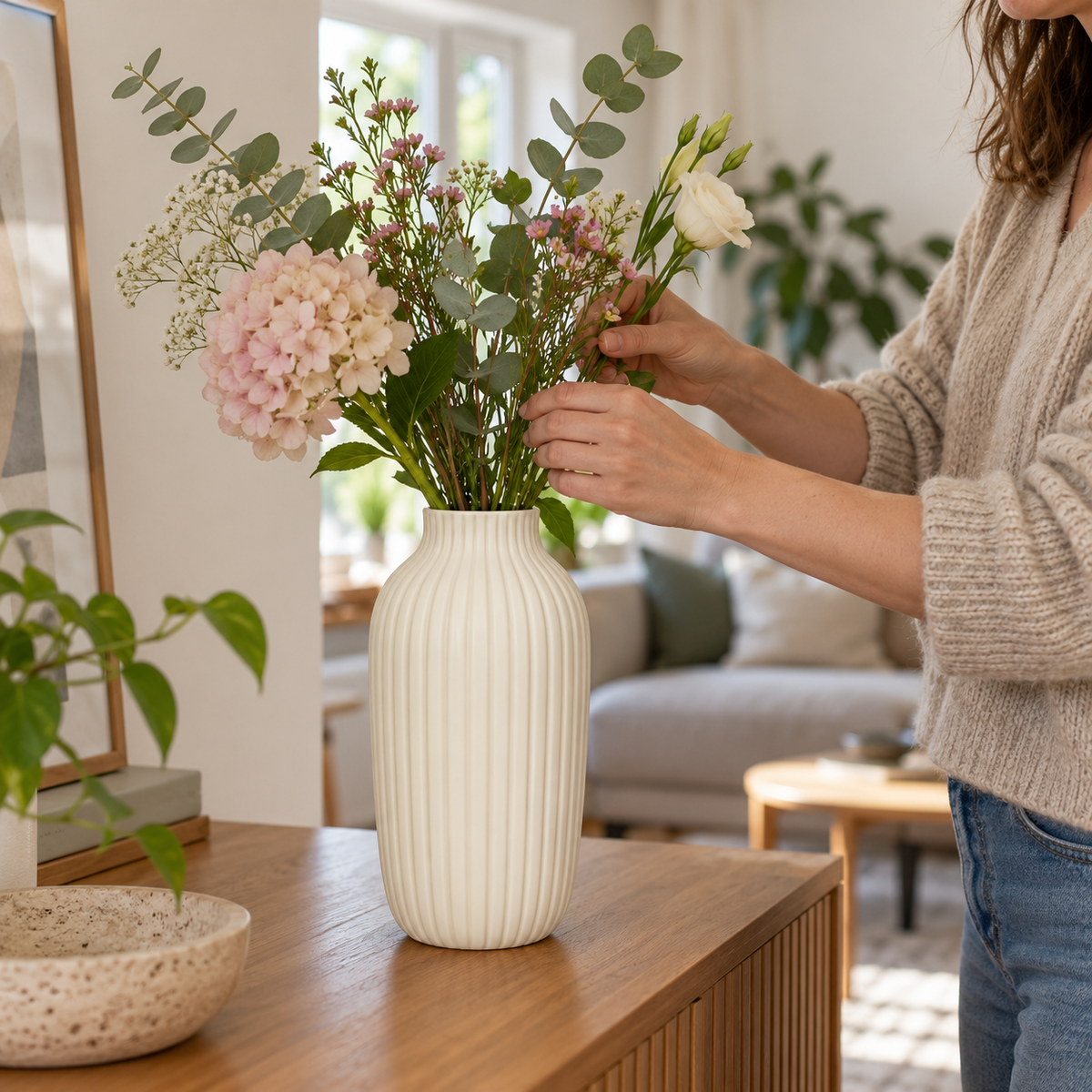 Gerillte Keramikvase in Warmweiß, 24 cm hoch