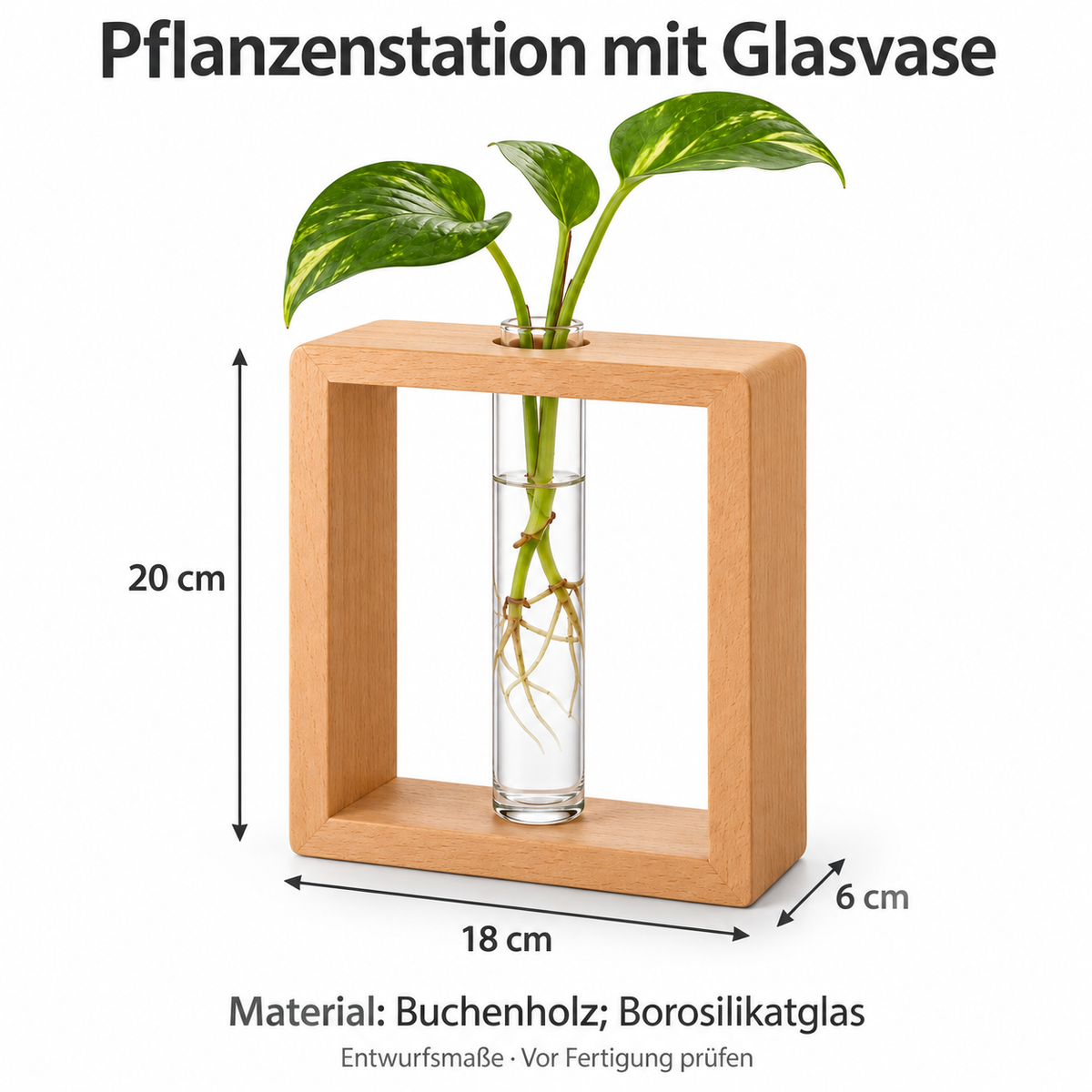 Pflanzenstation aus Buchenholz mit Glasvase, 20 cm hoch