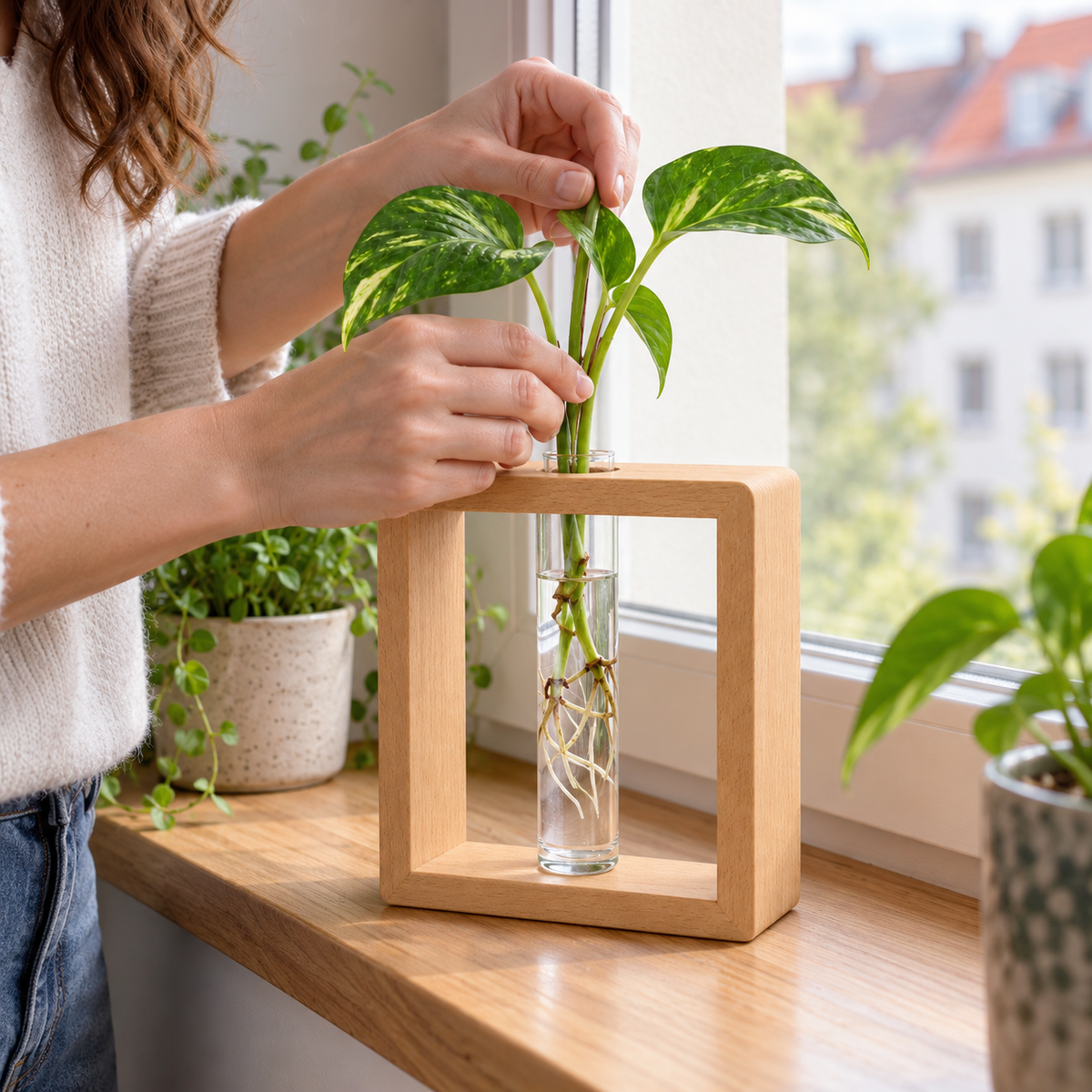 Pflanzenstation aus Buchenholz mit Glasvase, 20 cm hoch